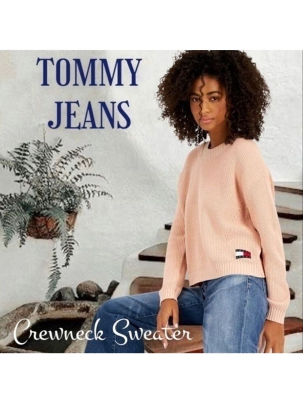 TOMMY JEANS Blush-Colored Solid Logo Patch Relaxed Fit Crewneck Sweater/Lg NWT